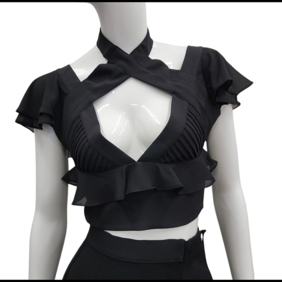 Nasty Gal Tops - Black Ruffle Cross-Neck Crop Top